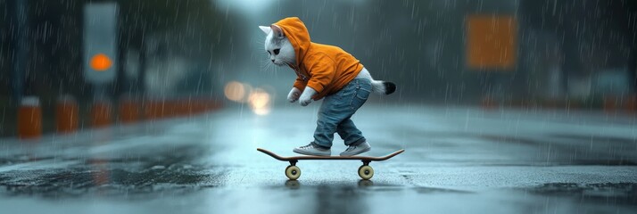 A 3D illustration of a white cat wearing a hoodie and jeans skateboarding on a rainy day. The cat is in a cool pose, and the rain is falling all around it. The illustration represents individuality, c