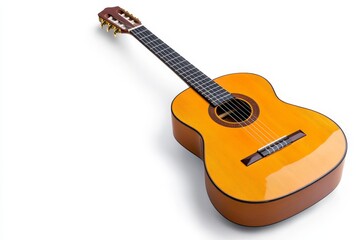 Fototapeta premium A beautiful, polished classical guitar isolated on a white background, showcasing its intricate details and warm wood finish. This image embodies creativity, musicality, passion, craftsmanship, and tr
