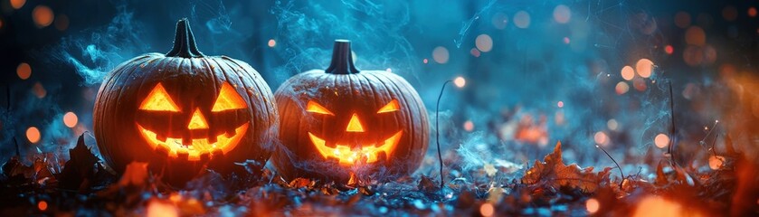 Naklejka premium Family-friendly Halloween games and activities, including mummy races, creepy craft stations, and pumpkin bowling, set in a whimsical, haunted venue with glowing lights and playful costumes for an