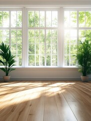 Fototapeta premium A bright and airy loft with three large windows, offering stunning views of the outdoors. The sun streams through the windows, illuminating the natural wood floors. Two plants add a touch of greenery 