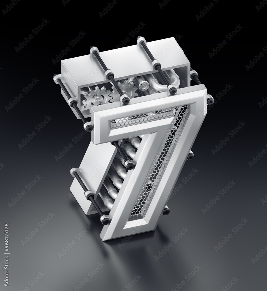 Poster the number seven. a 3d digit designed in a modern steampunk style and placed on a reflective dark ba