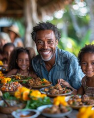 a multi-generational family gathered in a backyard, laughing and enjoying a meal together
