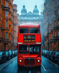 Fotobehang Red double decker bus passing a pink building in london © Tetiana