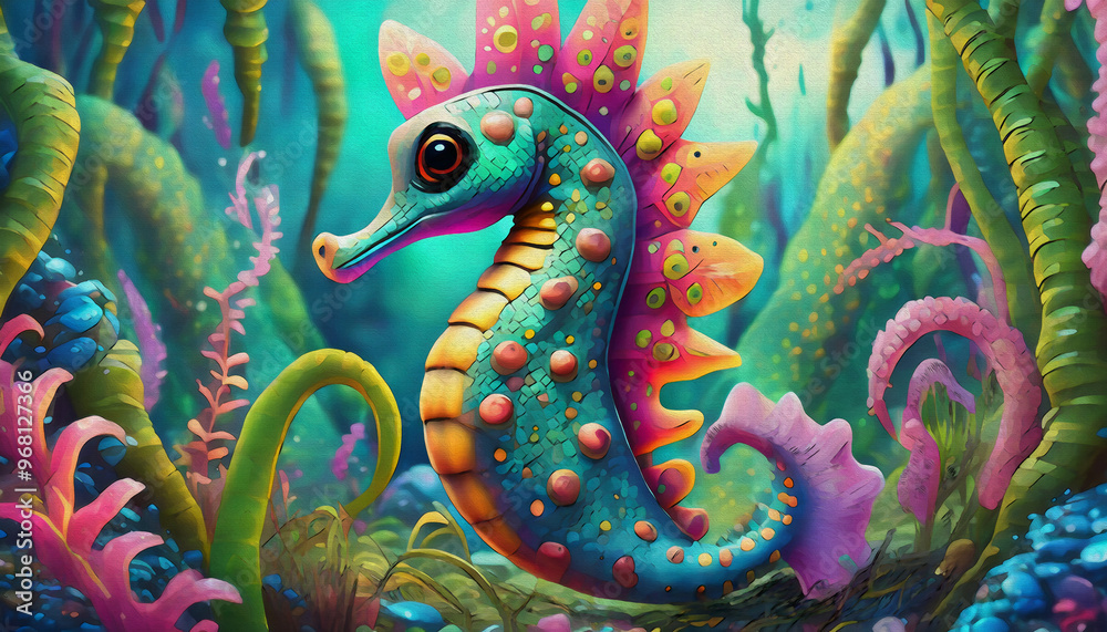 Poster oil painting style cartoon character illustration multicolored a seahorse holding onto seaweed