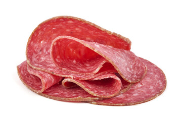 Salami smoked sausage, Traditional dry-cured Milano salami, isolated on white background. High resolution image