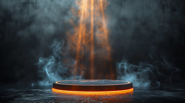 Circular podium in a dark setting illuminated by golod spotlight. Podium providing a clean surface for showcasing. Perfect as a display platform or template with space for text