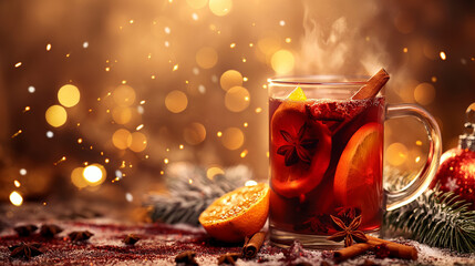 A glass of mulled wine with orange slices, cinnamon sticks, and star anise floating inside, steam rising gently. The background is a festive holiday market with twinkling lights and snowflakes. 