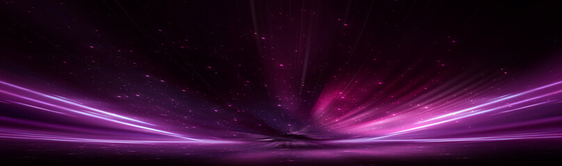 Fototapeta premium Empty neon studio stage, rays, horizon.