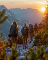 A group of friends hiking up a mountain trail