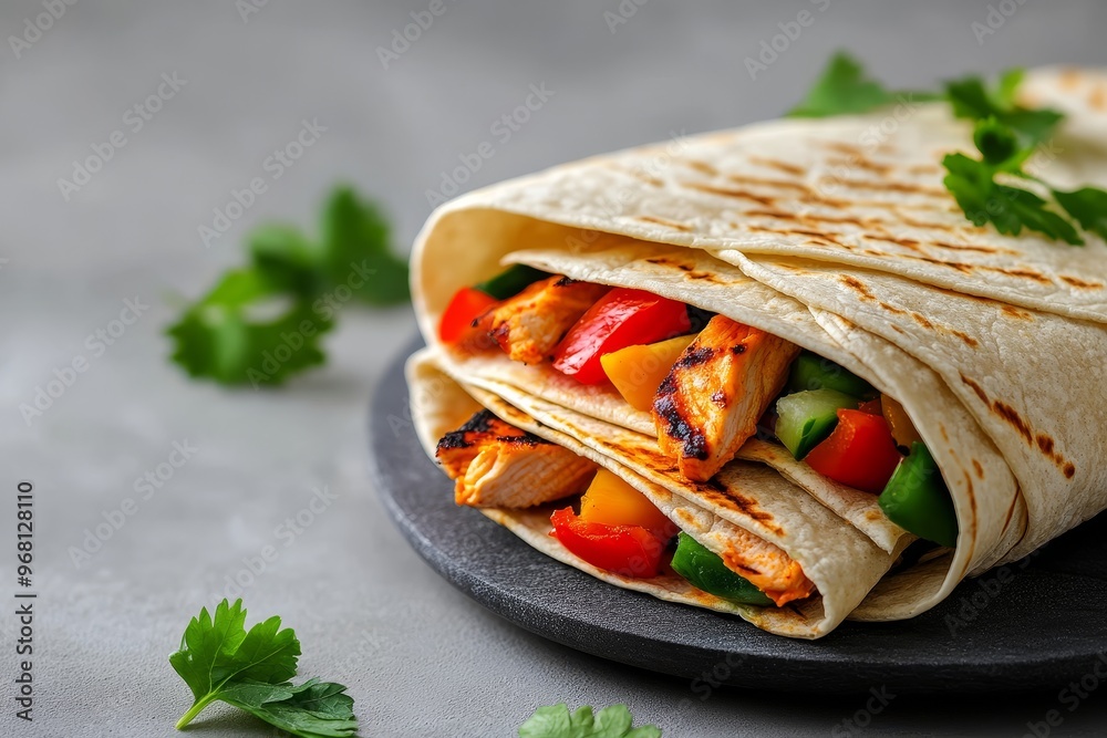 Wall mural a close-up of a stack of chicken fajita wraps, ready to be enjoyed. the wraps are filled with grille