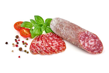 Cured winter salami sausage, Italian cuisine, isolated on white background