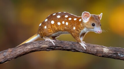 Obraz premium A close-up portrait of a spotted-tailed quoll, a small marsupial native to Australia. The quoll is perched on a branch, its spotted fur and curious expression captured in detail. This image evokes the