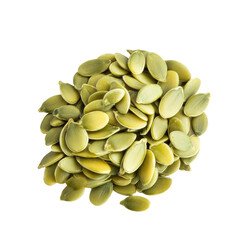 A close-up of a pile of raw pumpkin seeds, showcasing their natural green and yellow hues.