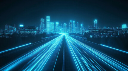 Fototapeta premium A glowing neon highway cuts through a modern city at night. The straight road stretches into the distance, giving a futuristic feel.