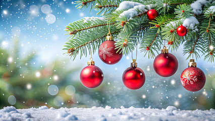 Naklejka premium A lush tree branch covered in snow displays bright red ornaments that sparkle against a blurred winter backdrop, evoking a festive holiday atmosphere