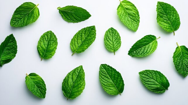 A collection of fresh mint leaves arranged on a white background. The leaves are green and vibrant, representing freshness, purity, and the natural world. Mint is often associated with relaxation, rej