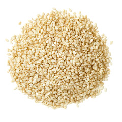 A close-up of a pile of sesame seeds, showing their creamy white color and oval shape.