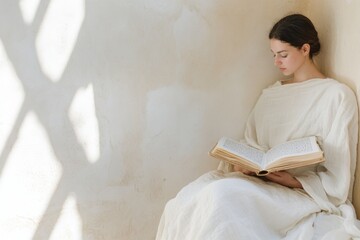 Naklejka premium Contemplative Young Woman Reading by Window in Soft Natural Light with Mystical Atmosphere