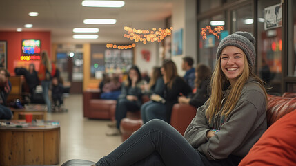 Students enjoying a lively student party in a dorm common area, with music playing and conversations buzzing.