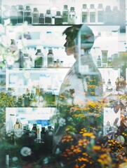 Fototapeta premium A double exposure image of a man standing in front of a shelf of bottles, blended with a serene natural landscape. The image evokes a sense of peace, tranquility, and connection between nature and hum