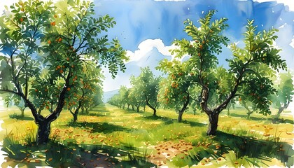 Vibrant watercolor depiction of a serene almond grove under a clear blue sky, celebrating nature and agriculture in a lush landscape