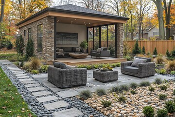 Fototapeta premium Modern outdoor living space with cozy furniture and autumn landscaping