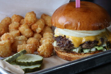 American Cheeseburger and Tater Tots Meal Plate