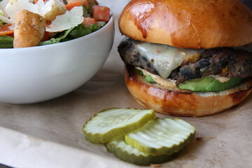 Black Bean Veggie Burger with Side Salad Meal Restaurant