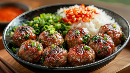 A bowl of meatballs with a side of vegetables and a sauce.