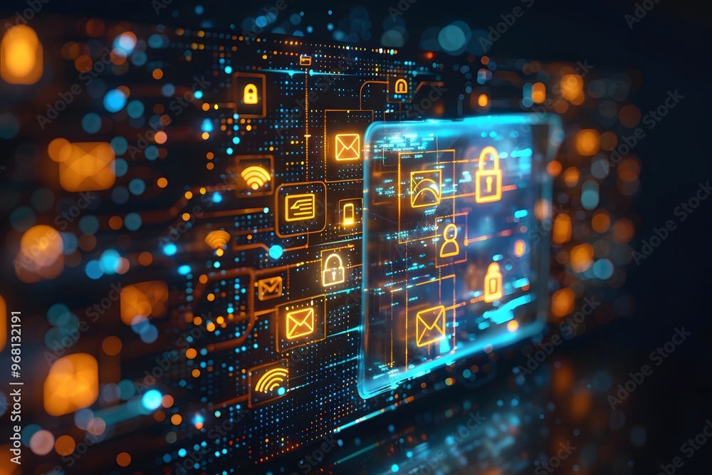 Poster digital security interface with icons and data connections