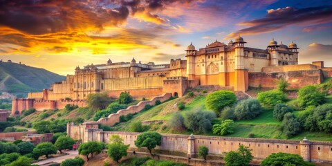 Naklejka premium Amber Fort at Sunset, Rajasthan, India, Golden Hour, Ancient Architecture, Fort, Palace