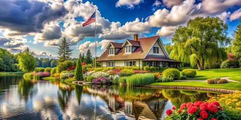 Obraz premium American Dream Home by the Lake, water reflection, house , nature