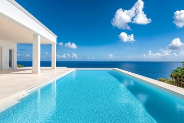 Fototapeta premium A modern villa with an infinity pool overlooking the vast blue ocean. The white architecture and clear blue water create a serene and luxurious atmosphere. Enjoy stunning views, private relaxation, an