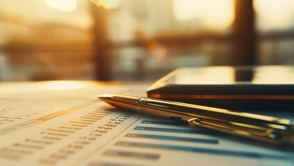 Financial charts and graphs on an office desk, with a pen resting beside graph on a table in a modern office setting, a visual representation of data analysis, strategy, and progress.