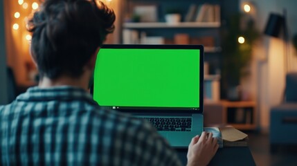Person working on a laptop with a blank green screen in a cozy indoor environment at night