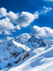 Obraz premium A panoramic view of snow-capped mountains rising towards a brilliant blue sky dotted with fluffy white clouds. The image evokes a sense of peace, tranquility, and the awe-inspiring beauty of nature.