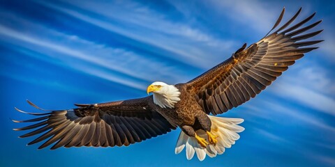 Obraz premium Bald Eagle Soaring Through the Sky, with Wings Spread Wide, American symbol, bird of prey, wildlife photography
