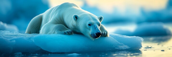 Fototapeta premium A polar bear rests on a small, melting ice floe in the Arctic. The bear's vulnerable position symbolizes the threat of climate change to polar bear populations and the fragility of the Arctic ecosyste