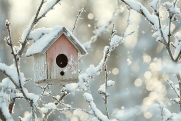 Snow-Covered Birdhouse on a Frosty Branch in Winter