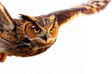 Obraz premium A powerful and majestic owl with piercing yellow eyes soars through the air, wings outstretched against a pristine white background. This image embodies wisdom, strength, and the beauty of nature.