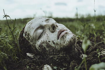 Obraz premium A serene face partially covered in mud and grass lying on the ground with closed eyes evoking a sense of peace and connection to nature