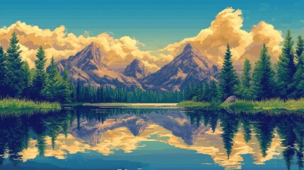 Pixelated Mountain Lake Landscape