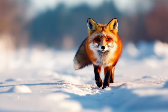 A red fox walks confidently through a snowy landscape, its piercing gaze fixed directly on the camera. The fox's orange fur contrasts beautifully with the pristine white snow, symbolizing nature's bea
