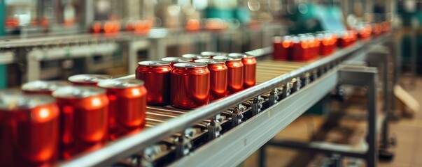 A production line in a canned food factory, with rows of sealed cans moving along a conveyor belt under industrial lighting. Free copy space for banner.