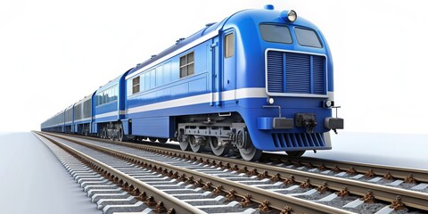 Fototapeta premium Blue Locomotive on Railway Tracks, 3D Render, Digital Art, Train, Transportation, Railroad