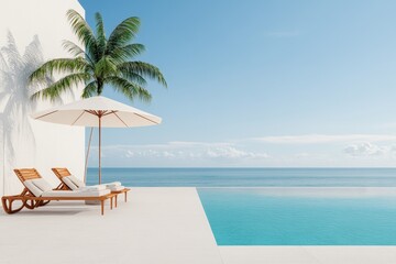 Obraz premium A serene and inviting tropical poolside scene with two lounge chairs under an umbrella, perfect for relaxation and enjoying breathtaking ocean views. The scene evokes a sense of tranquility, luxury, a