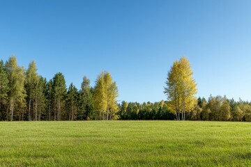 Obraz premium A serene autumn scene featuring a vast green meadow, bordered by a line of trees with vibrant yellow foliage against a clear blue sky. The scene evokes feelings of peace, tranquility, and the beauty o