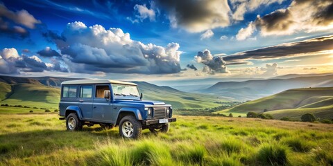 Fototapeta premium Blue Off-Road Vehicle in a Rolling Green Landscape, Off-Road, Adventure, Landscape