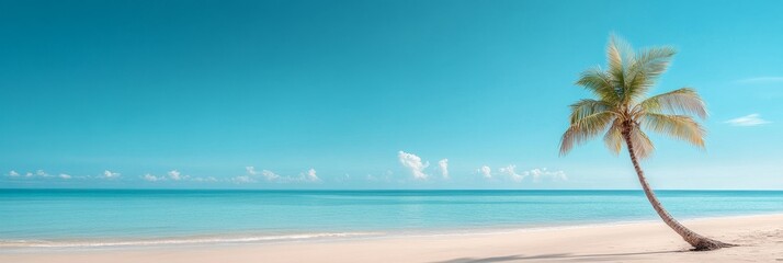 Obraz premium A serene image of a lone palm tree leaning over pristine white sand and sparkling turquoise water. It evokes a sense of peace, relaxation, and escape to a tropical paradise. The bright blue sky and 