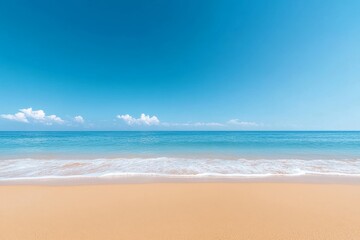 Obraz premium A serene image capturing the essence of a tropical beach, with pristine white sand meeting the turquoise ocean under a bright blue sky. The gentle waves and few clouds add to the peaceful atmosphere, 